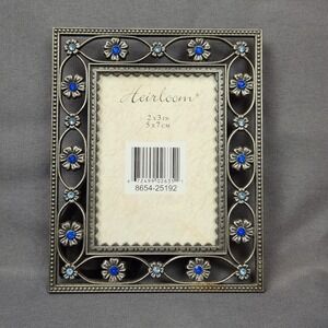 Heirloom 2x3 Silver Picture Frame with Blue Rhinestone Flowers Elegant